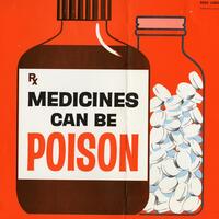 Illustration of 2 medicine bottles with the text that reads "Medicines Can Be Poison"